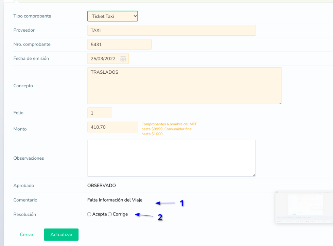 Formulario de comprobante observado